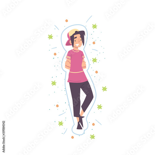 Healthy Teenage Girl Reflecting Bacteria and Viruses, Strong Immune System Concept Cartoon Style Vector Illustration