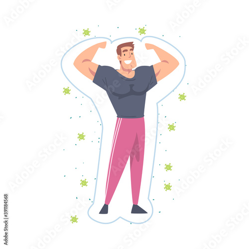 Healthy Muscular Man Reflecting Bacteria and Viruses Attack, Strong Immune System Concept Cartoon Style Vector Illustration