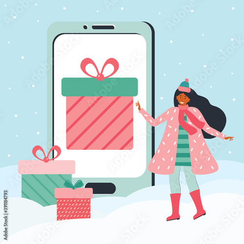 Woman in winter clothes chooses a gift on the huge smartphones screen. Holiday discount, promotion, gift, sale in the mobile app. Merry Christmas and new year. Online applications. Vector illustration