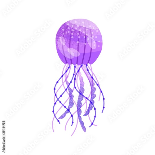Flat vector cartoon illustration of swimming purple jellyfish. Vibrant violet...
