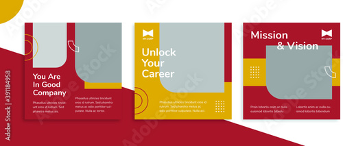Set of editable square banner templates for Instagram post, Facebook post, for personal profile, artist, trainer, motivator, coach, ads, and business. With simple mustard and red color. (2/3)