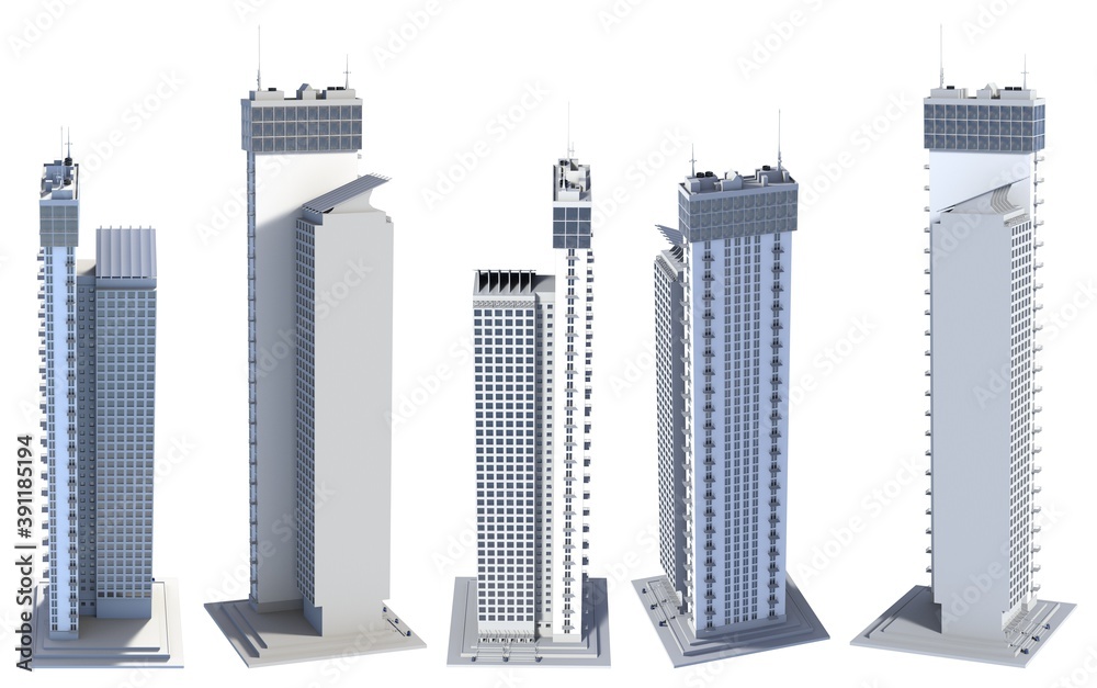 Obraz premium Set of 5 renders of fictional design modern tall buildings block of flat towers with sky reflection - isolated on white, high view 3d illustration of architecture