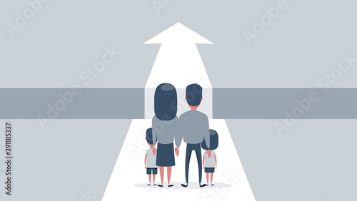 Family life difficulties, obstacles on the way. Married couple with children are standing over big gap. Vector illustration.