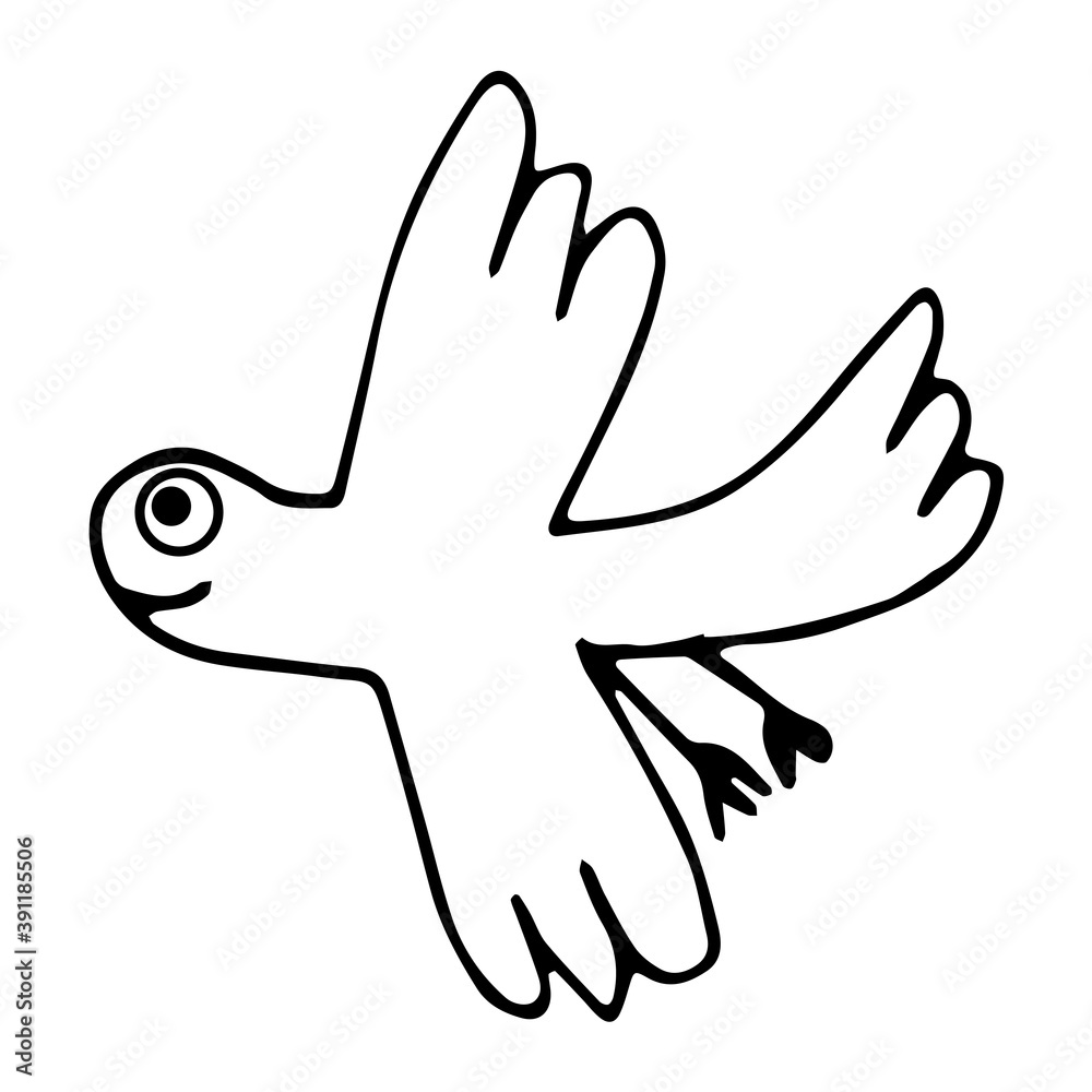 Tropic cartoon doodle bird isolated on white background. Vector illustration.