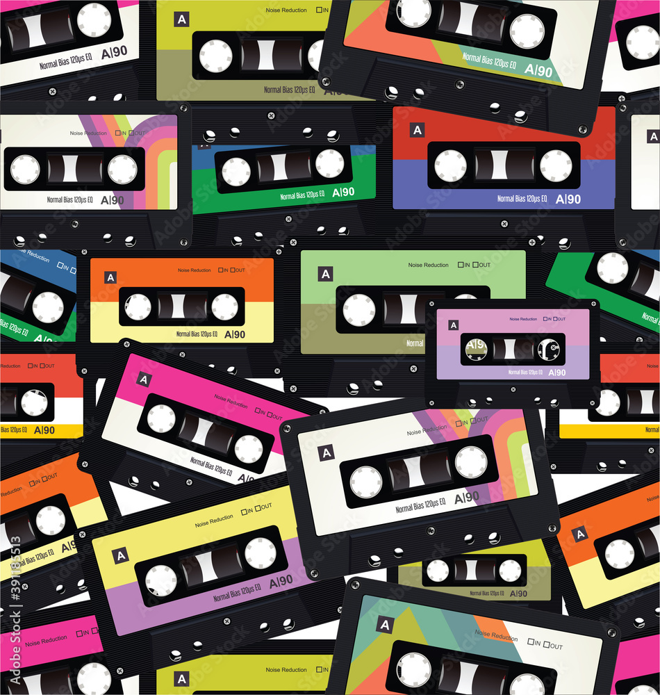 Fototapeta premium Pattern with old audio cassettes colorful seamless background