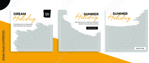 Set of editable square banner templates for Instagram post, Facebook post, for corporate, company, tour tourism, advertisement, and business. With simple white and orange color. (3/3)