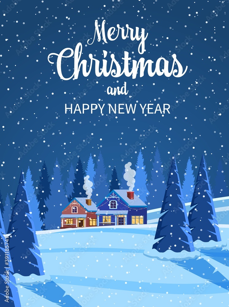 New year and Christmas winter landscape background. concept for greeting or postal card. Merry christmas holiday. New year and xmas celebration. Vector illustration
