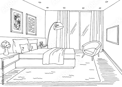 Bedroom graphic black white home interior sketch illustration vector