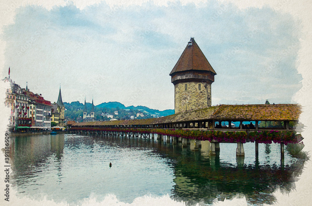 Watercolor drawing of View of historic city center of Luzern, Water Tower and wooden Chapel Bridge with blooming flowers on Reuss river, oldest wooden covered bridge in Europe, Luzern, Switzerland