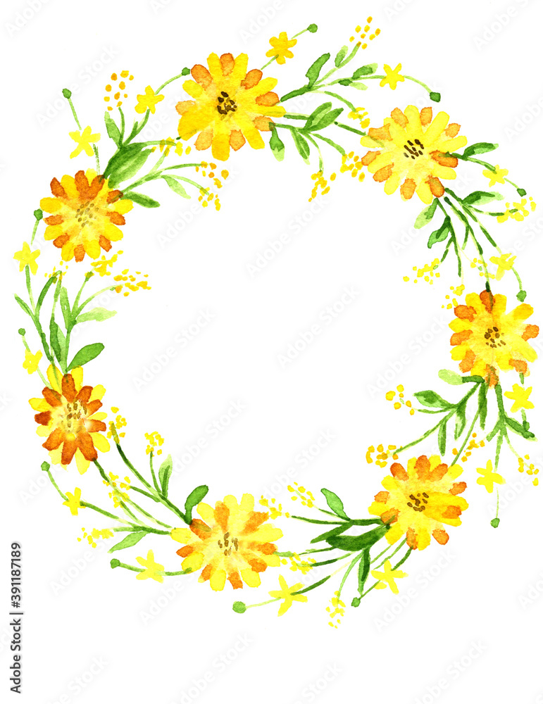 Watercolor illustration of yellow wreath Watercolor illustration of yellow wreath