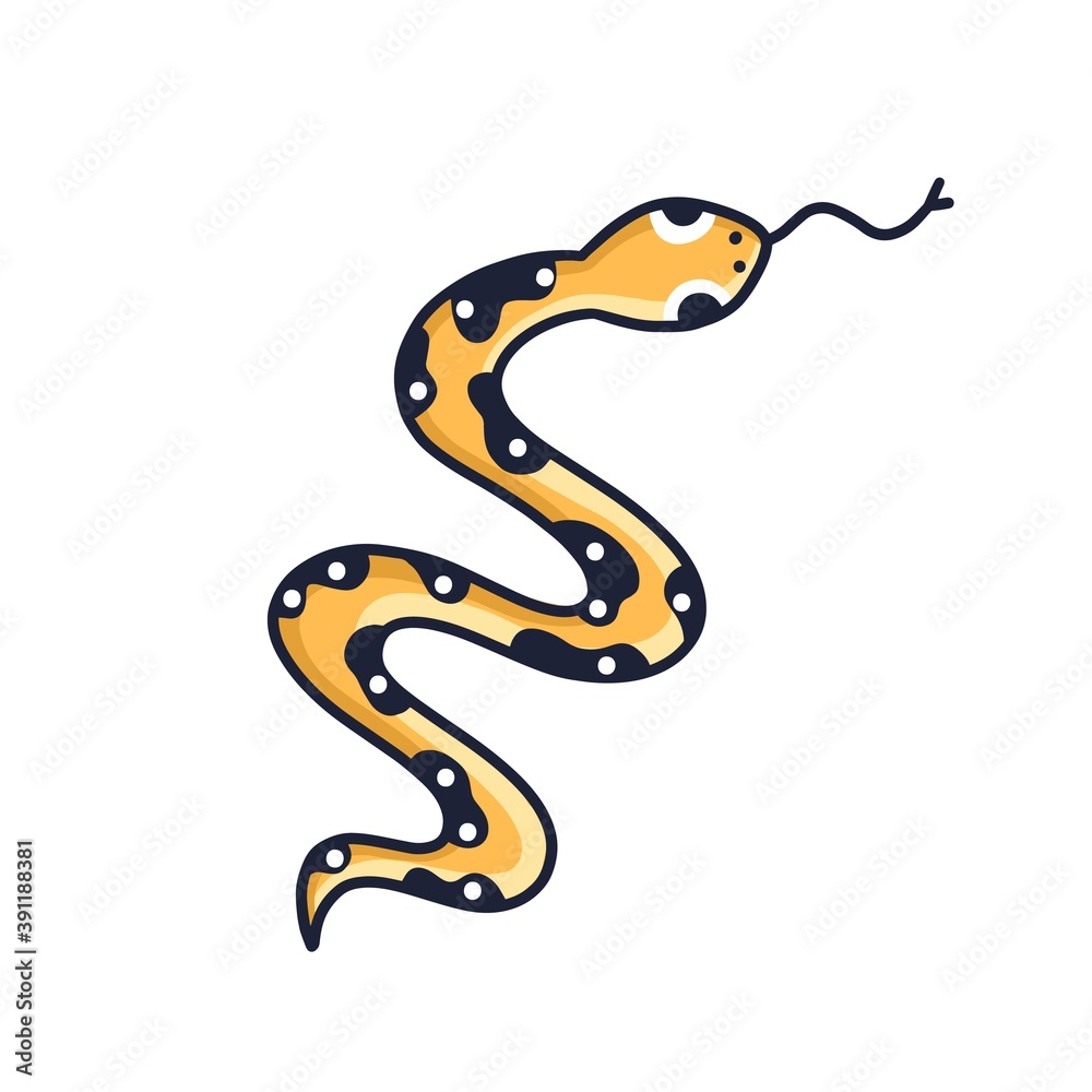 Line art vector contour illustration of yellow cute snake. Funny reptile in minimalistic simple style. Linear zigzag serpent cub isolated on white background Line art vector contour illustration of yellow cute snake. Funny reptile in minimalistic simple style. Linear zigzag serpent cub isolated on white background