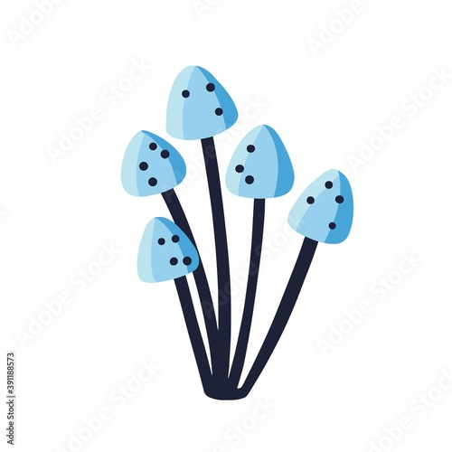 Group of inedible psychedelic blue mushrooms isolated on white background. Fantasy poisonous fungi. Flat vector cartoon illustration with grebe mushroom