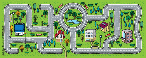 City pattern. Roads, trees, grass areas background