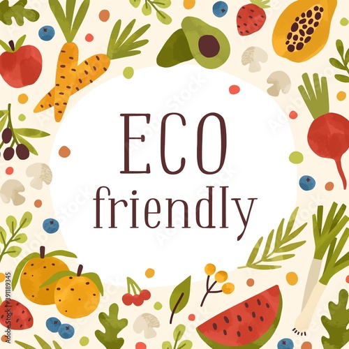 Colorful frame background with healthy fruits, vegetables, mushrooms and berries. Square backdrop template with organic food and a place for text. Vector illustration in flat cartoon style