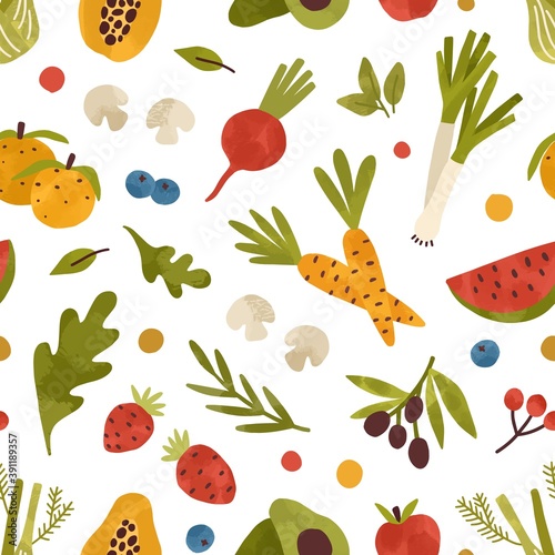 Colorful seamless pattern with healthy fruits, vegetables, berries and greens...