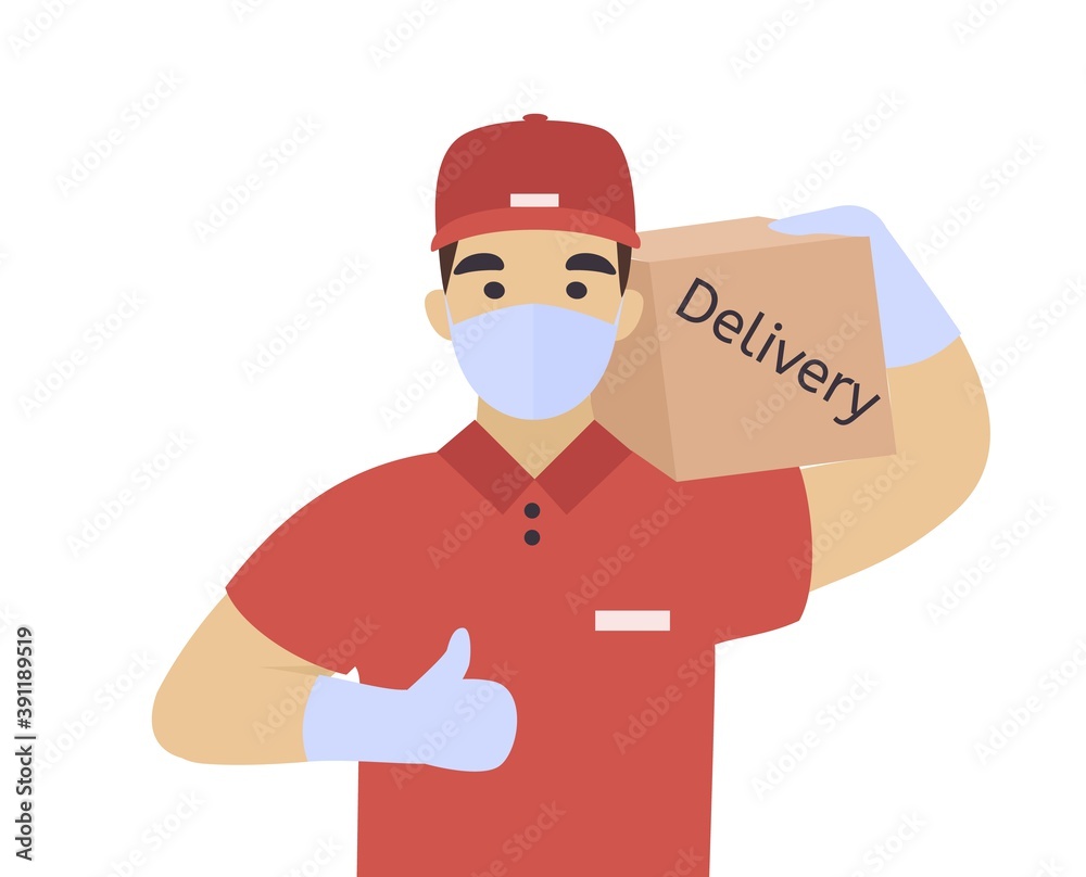 Courier. Safe food and goods delivery. Delivery man wearing face mask and gloves. Restaurant food service