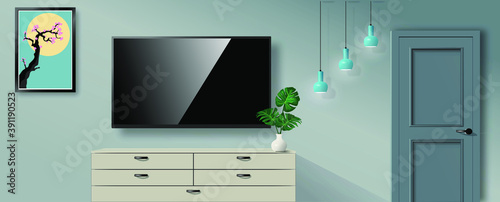 Modern light green shelving with large flat screen TV, lamps, vases, beautiful interior design. Variety of vector graphic templates