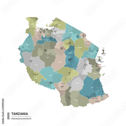 Tanzania higt detailed map with subdivisions. Administrative map of Tanzania with districts and cities name, colored by states and administrative districts. Vector illustration