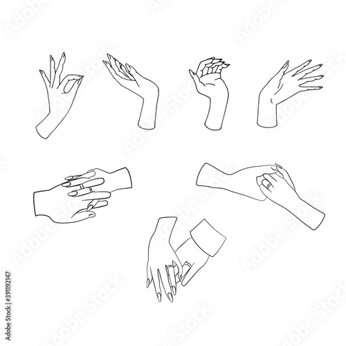 Elegant hand drawn line art hands gestures clipart set. Couple holding hands with wedding rings. Isolated on white background. Stock vector