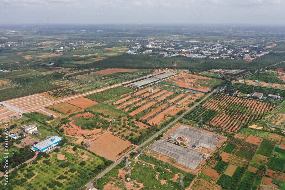 Aerial view of beautiful suburban Bengaluru plots
