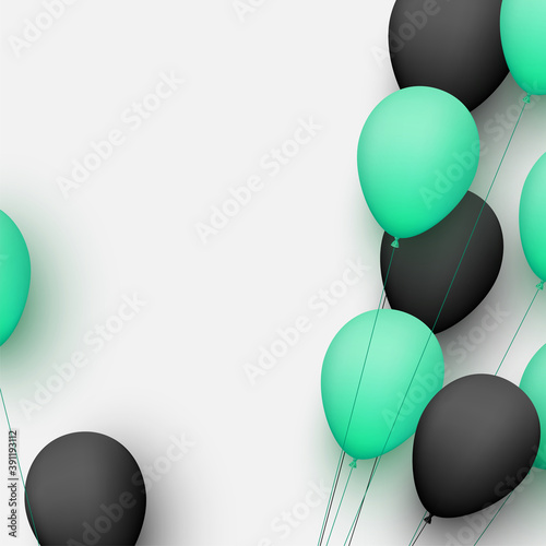 Black and green balloons with threads on light grey background.