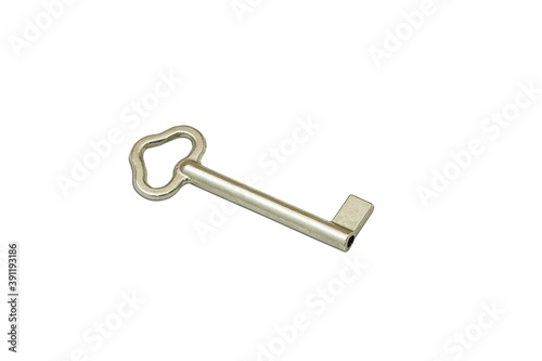 Silver colored metal key isolated on white background