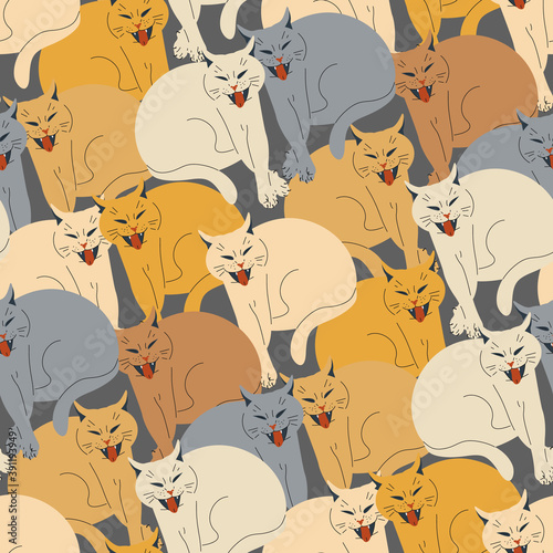 seamless pattern with funny colorful cartoon cats. On gray background