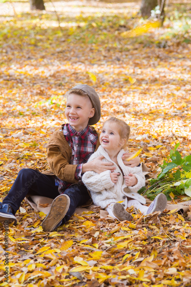 The elder brother and little sister are walking and laughing in the autumn park. Family and Children. Autumn mood
The elder brother and little sister are walking and laughing in the autumn park. Family and Children. Autumn mood