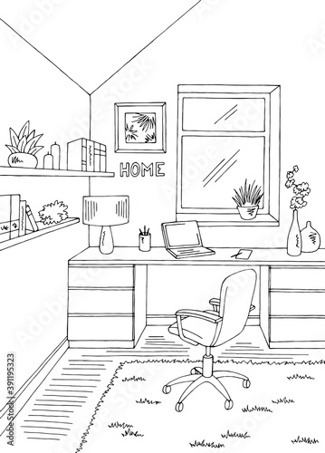Home office graphic black white interior vertical sketch illustration vector
