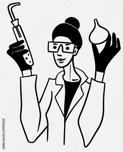 Young woman working in laboratory scientist Student in protective glasses and gloves holding flask doing research. Vector illustration doodle black line style
