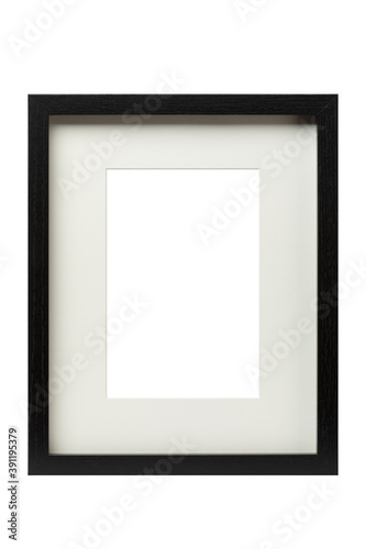 Black wooden vertical picture frame with matte isolated with clipping path
