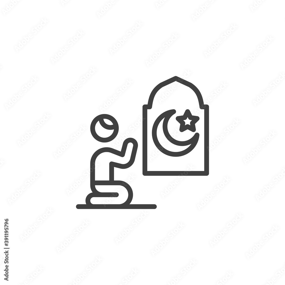 Muslim man praying in mosque line icon. linear style sign for mobile concept and web design. Man praying at night outline vector icon. Symbol, logo illustration. Vector graphics Muslim man praying in mosque line icon. linear style sign for mobile concept and web design. Man praying at night outline vector icon. Symbol, logo illustration. Vector graphics