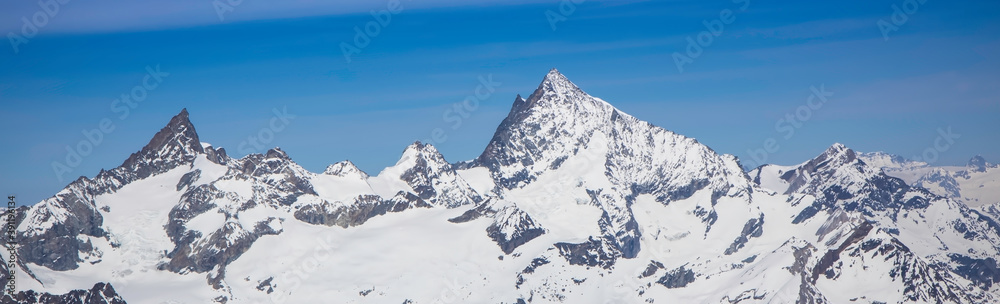Panorama of Snow Mountain Range Landscape with Blue Sky from Schilhorn and clear with blue sky , Switzerland,European Alps in sunny day