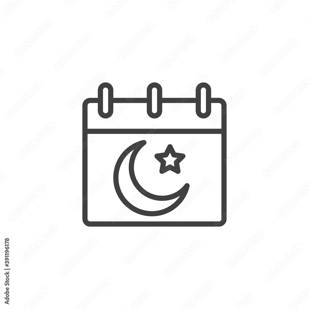 Islamic calendar line icon. linear style sign for mobile concept and web design. Ramadan Calendar with Islamic moon and star outline vector icon. Symbol, logo illustration. Vector graphics Islamic calendar line icon. linear style sign for mobile concept and web design. Ramadan Calendar with Islamic moon and star outline vector icon. Symbol, logo illustration. Vector graphics