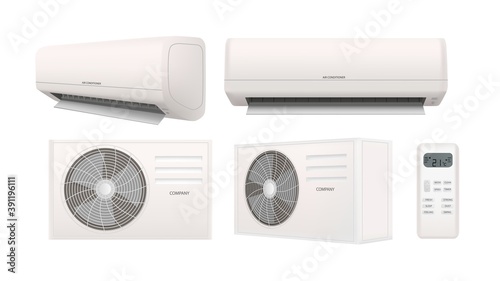 Air conditioner 3d vector illustration in realistic style. Air condition split system set isolated on white background. Home cooler with remote control