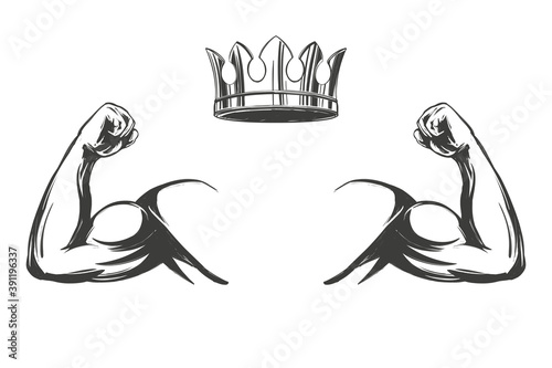 arm, bicep, strong hand and crown icon cartoon symbol hand drawn vector illustration sketch