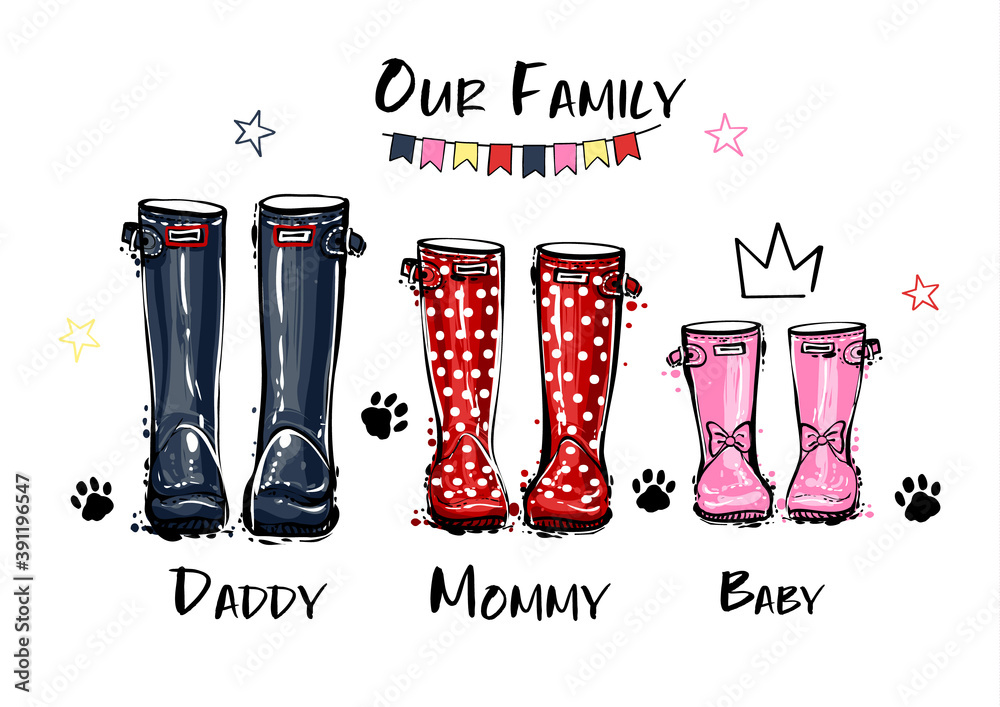 Happy home family concept. Different colors wellies collection. Rubber boots  autumn fall concept. Vector illustration in watercolor style. Decoration  family card and poster on white background. Stock Vector | Adobe Stock