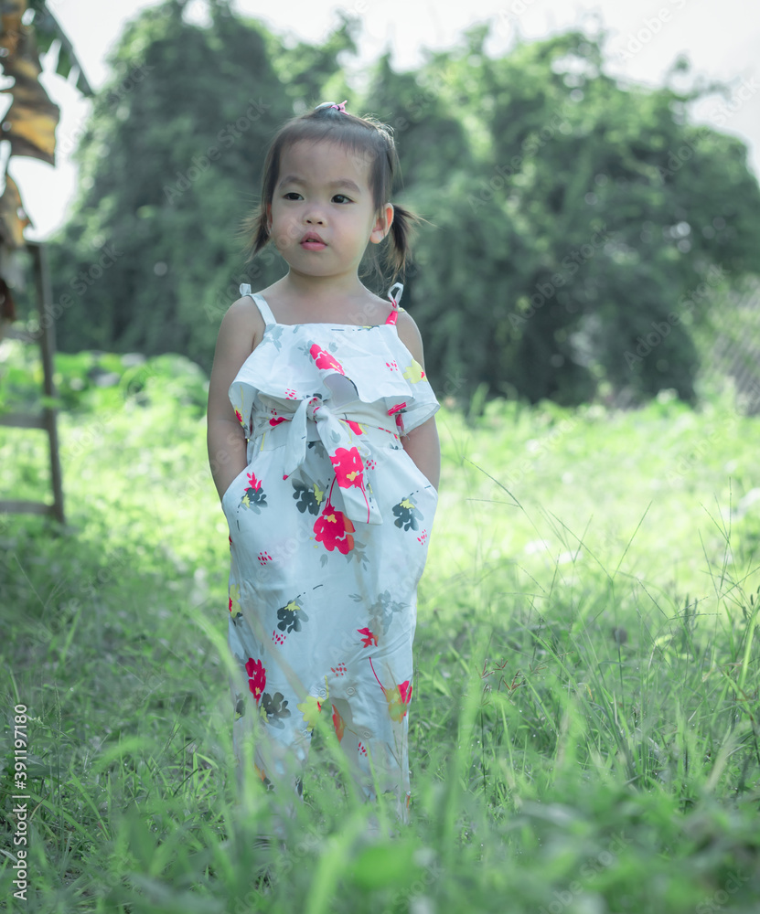 Beautiful cute asian little girl in the morning on the meadow Beautiful cute asian little girl in the morning on the meadow