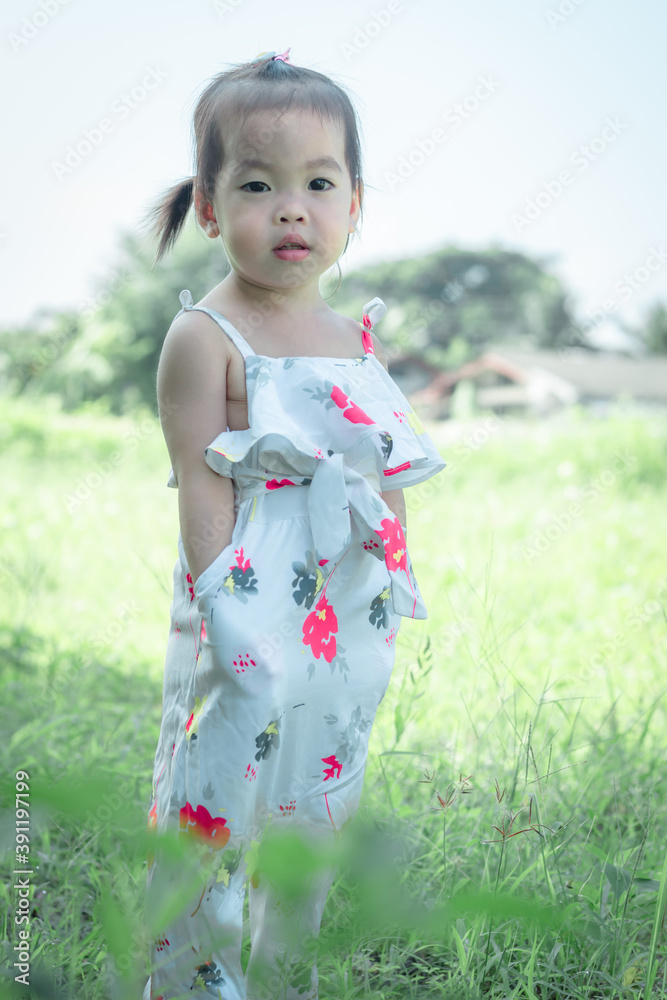 Beautiful cute asian little girl in the morning on the meadow Beautiful cute asian little girl in the morning on the meadow