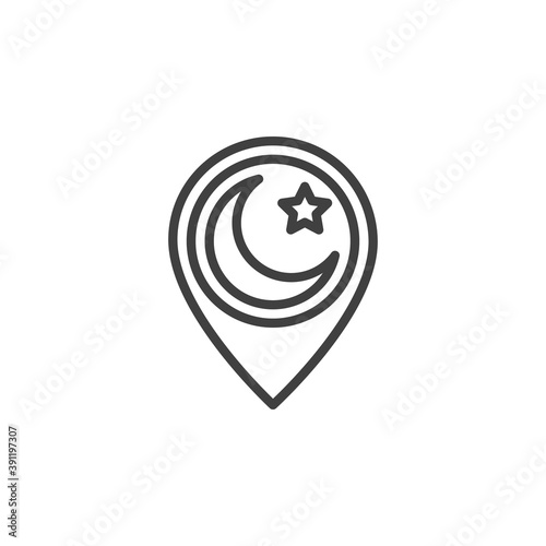 Mosque location pin line icon. linear style sign for mobile concept and web design. Map marker with Islamic moon and star outline vector icon. Symbol, logo illustration. Vector graphics