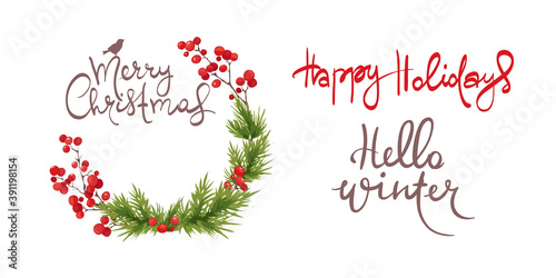 Winter frames  christmas backgrounds. Set vector design elements and holiday calligraphy. Fir branches red berries.