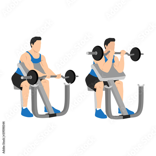 Man lifting barbell in a gym on EZ bar preacher curl, making biceps exercise. isolated on white background and layers. Workout character