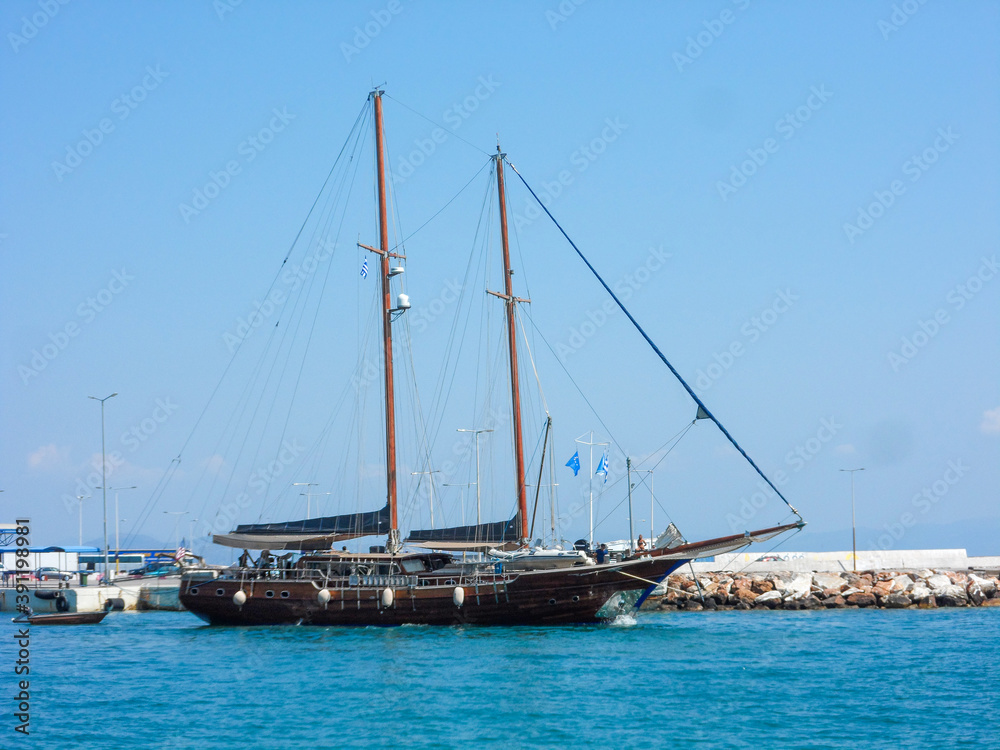 traditional wooden cruise hull at Rafina's port .Greece.