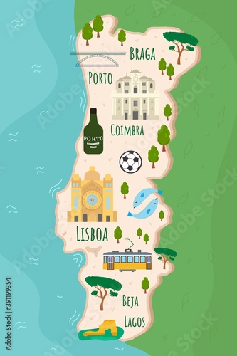 Cartoon map of Portugal. Travel illustration with landmarks, buildings, food and plants. Funny tourist infographics. National symbols. Famous attractions. Vector illustration.