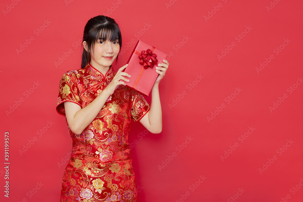 Portrait young Asian woman wear Chinese dress red Portrait young Asian woman wear Chinese dress red
