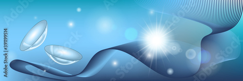 Medical color background with 3d contact lenses for eyes. Medical science banner with sun effect. Vector illustration.