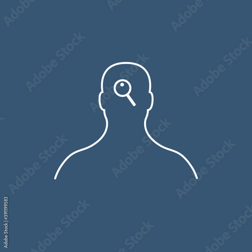 Vector illustration of man silhouette with magnifying glass sign in the head. Concept of looking for answers or ideas searching. Linear style design.