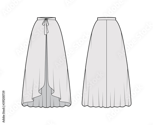 Over Skirt circular fullness technical fashion illustration with bow, floor ankle lengths, thin waistband. Flat bottom template front, back, grey color style. Women men unisex CAD mockup