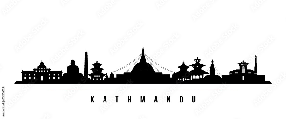 Kathmandu skyline horizontal banner. Black and white silhouette of Kathmandu City, Nepal. Vector template for your design.