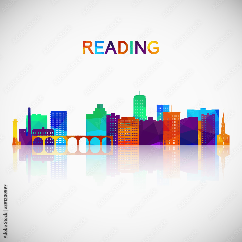 Reading skyline silhouette in colorful geometric style. Symbol for your design. Vector illustration.